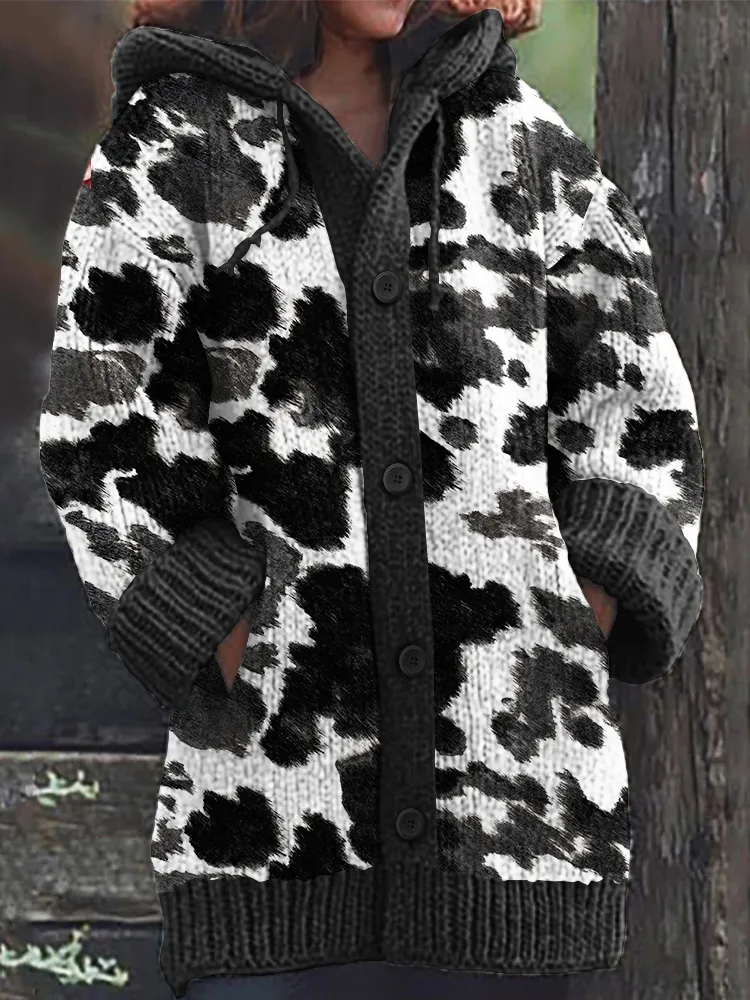 Western Cowhide Printed Knitted Hooded Cardigan