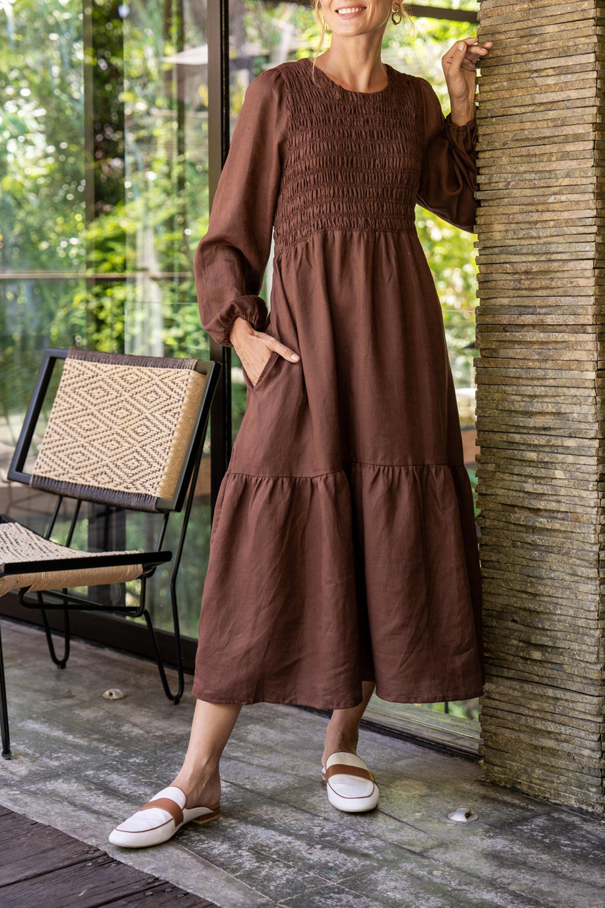 Minden Linen Shirred Long Sleeve Dress in Raisin