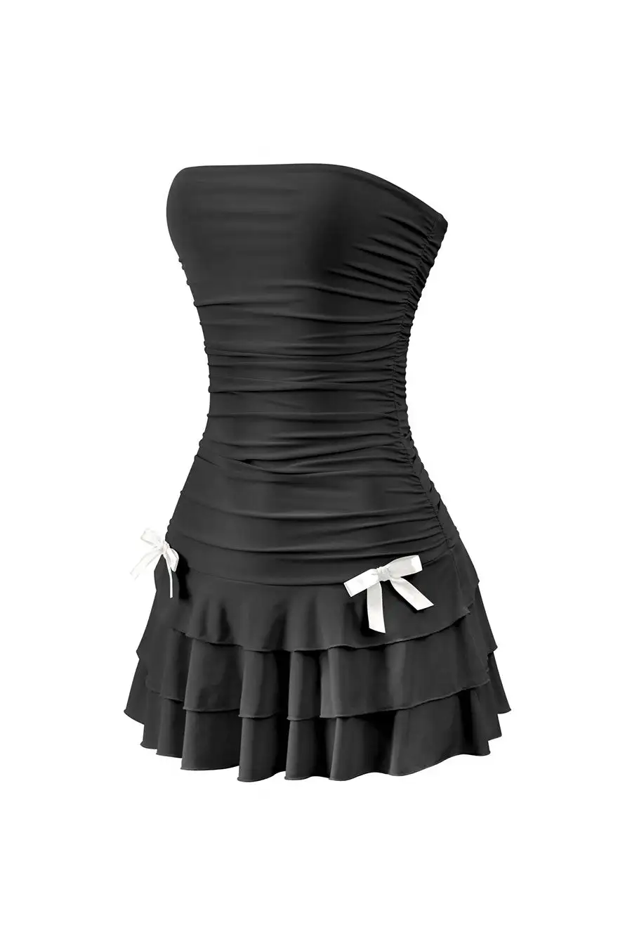 Coquette Strapless Ruched Ruffle Mini Dress With Bow Detail