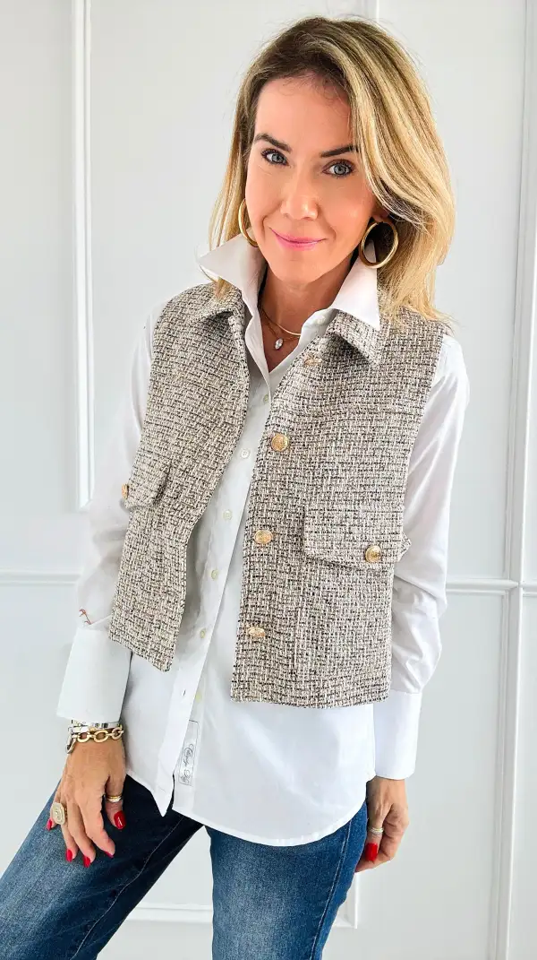 Chic Tweed Vest - Taupe