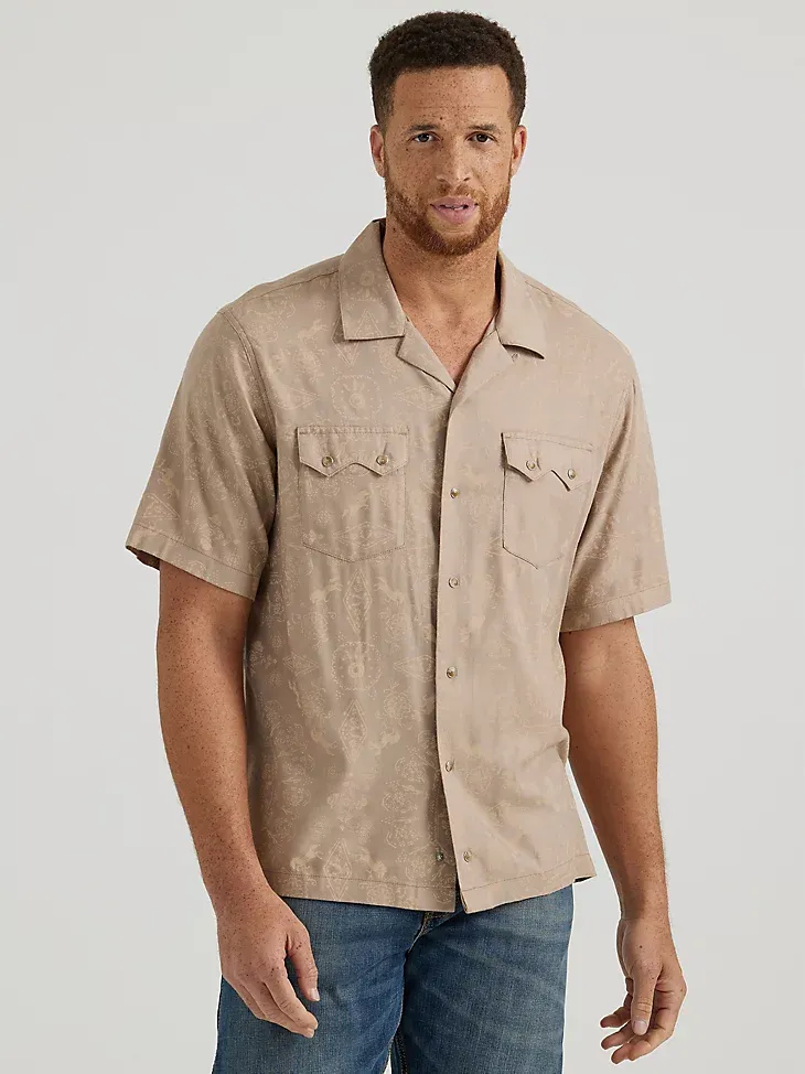 WRANGLER® COCONUT COWBOY SNAP FRONT CAMP SHIRT IN HIBISCUS ON TAN