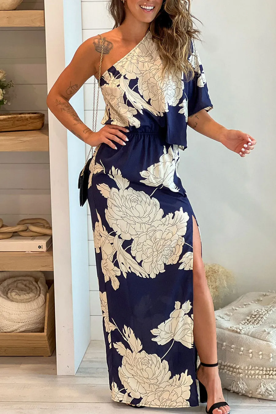 Navy And White One Shoulder Maxi Dress With Slit