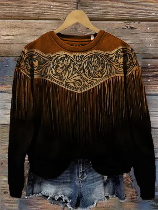 Western Floral Leather Art Gradient Sweatshirt