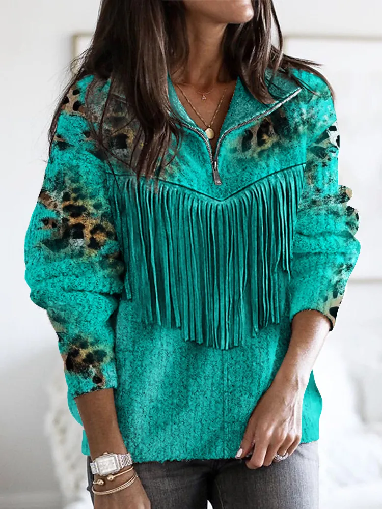 Leopard Cowhide Turquoise Fringe Zip Up Sweater