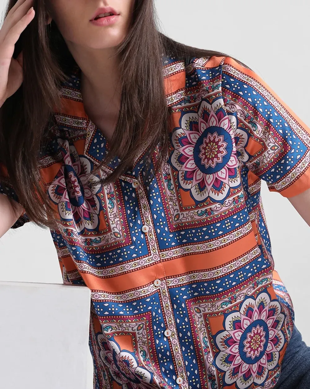 Orange Abstract Print Satin Shirt