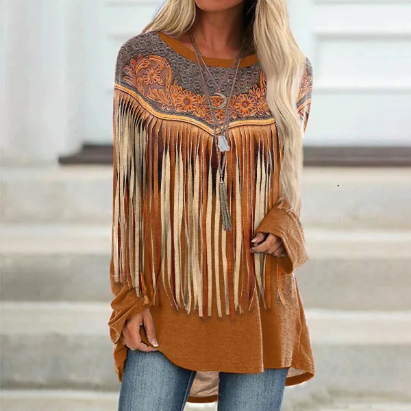 Vintage Western Tassel Print Casual Tunic