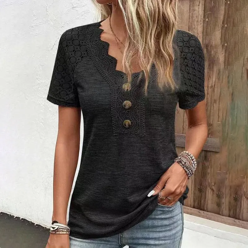 Solid Lace Patchwork V-Neck Casual Short Sleeved T-Shirt