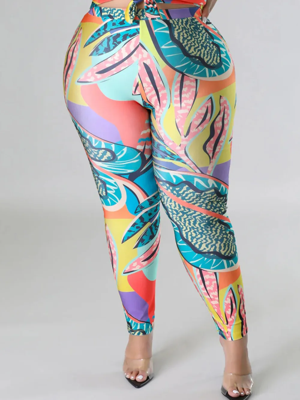 Plus Size Women'S Fashionable Tropical Botanical Print Leggings Set