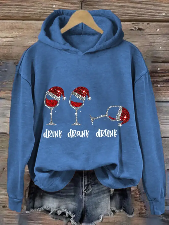 Women's Funny Christmas Drink Drank Drunk Red Wine Glass Casual Hoodie