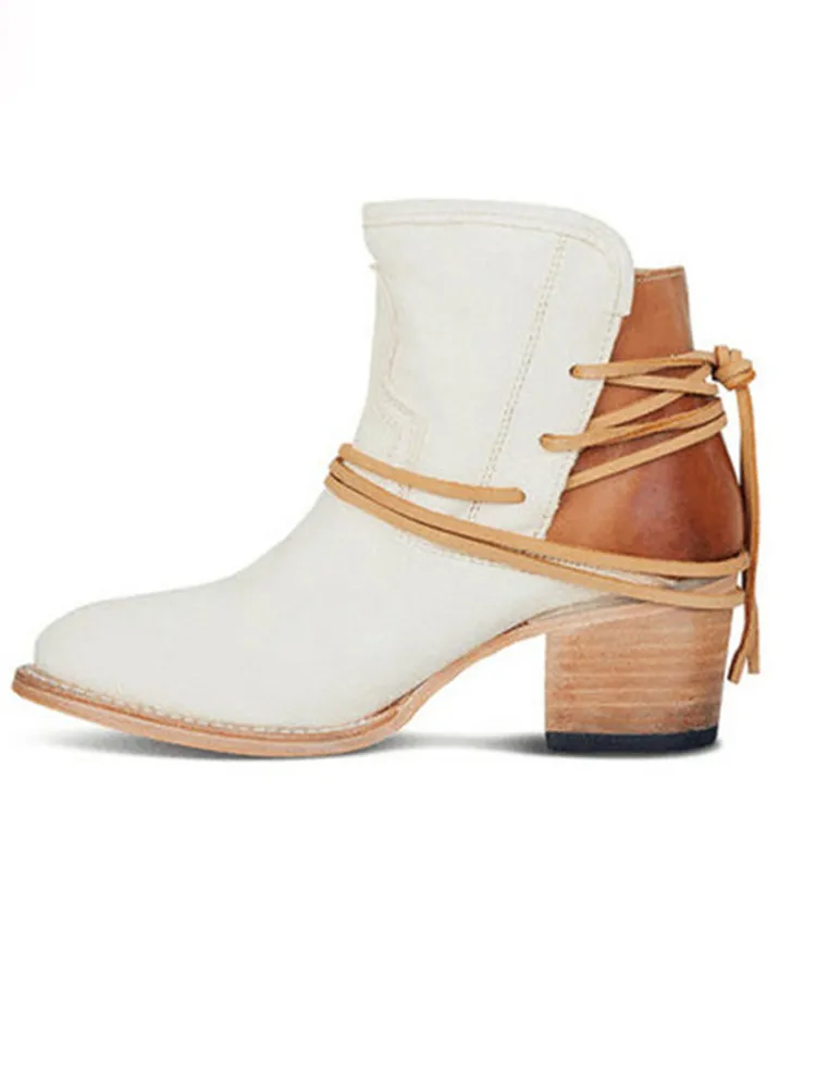 Laced Washed Leather Patchwork Ankle Boots