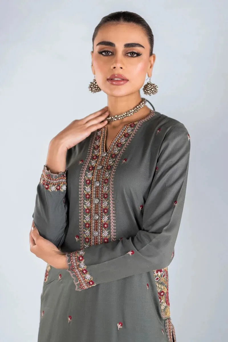 3 Piece Kurta Embroidered | Dupatta& Bottom & Tops | Color Dark gray