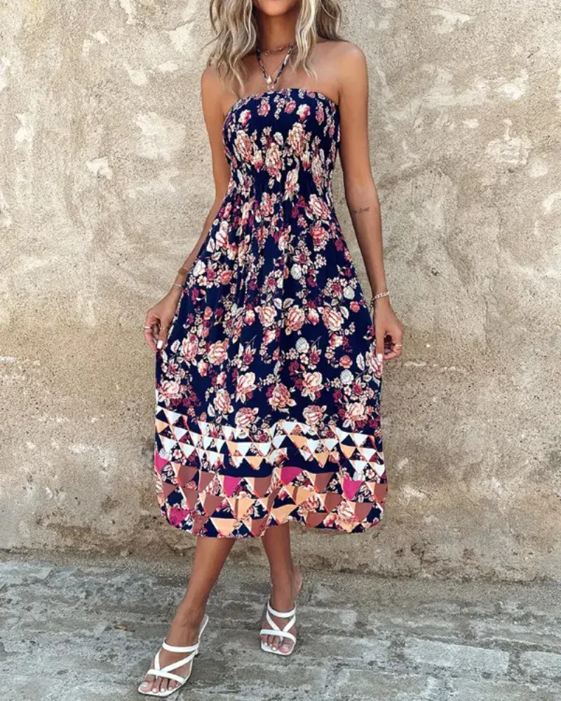 Floral Print Shirred Halter Dress