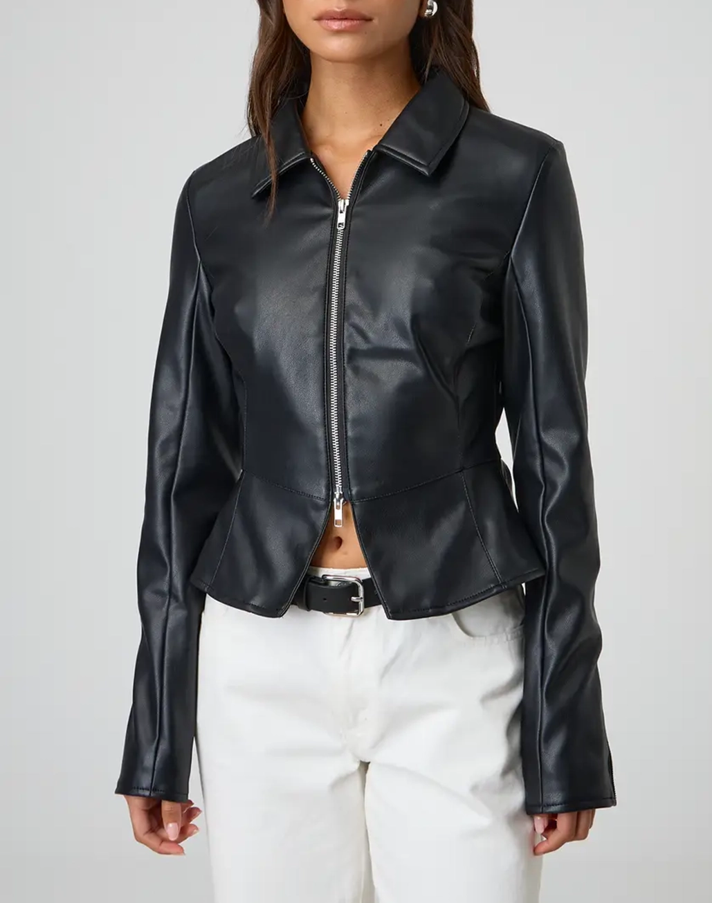 Faux Leather Fitted Peplum Jacket