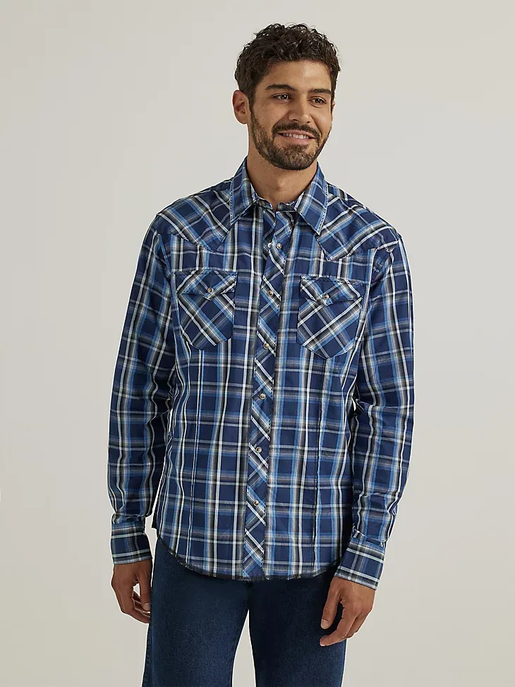 MEN'S LONG SLEEVE FASHION WESTERN SNAP PLAID SHIRT IN STRONG BLUE