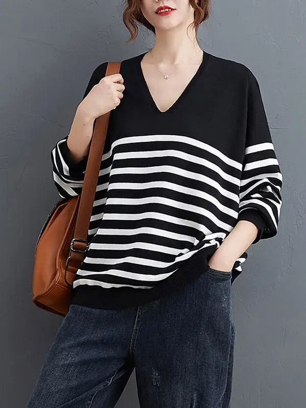 Artistic Retro Casual Loose Striped V-Neck Long Sleeves Knitted Sweater