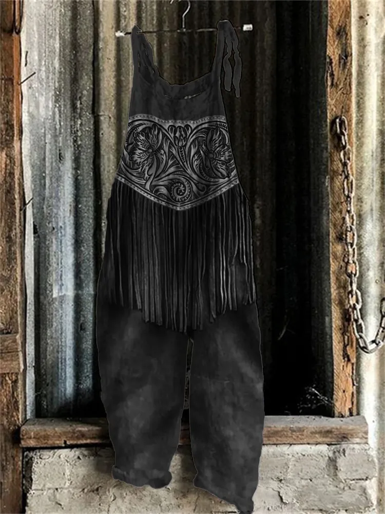 Western Floral Leather Tassels Jumpsuit