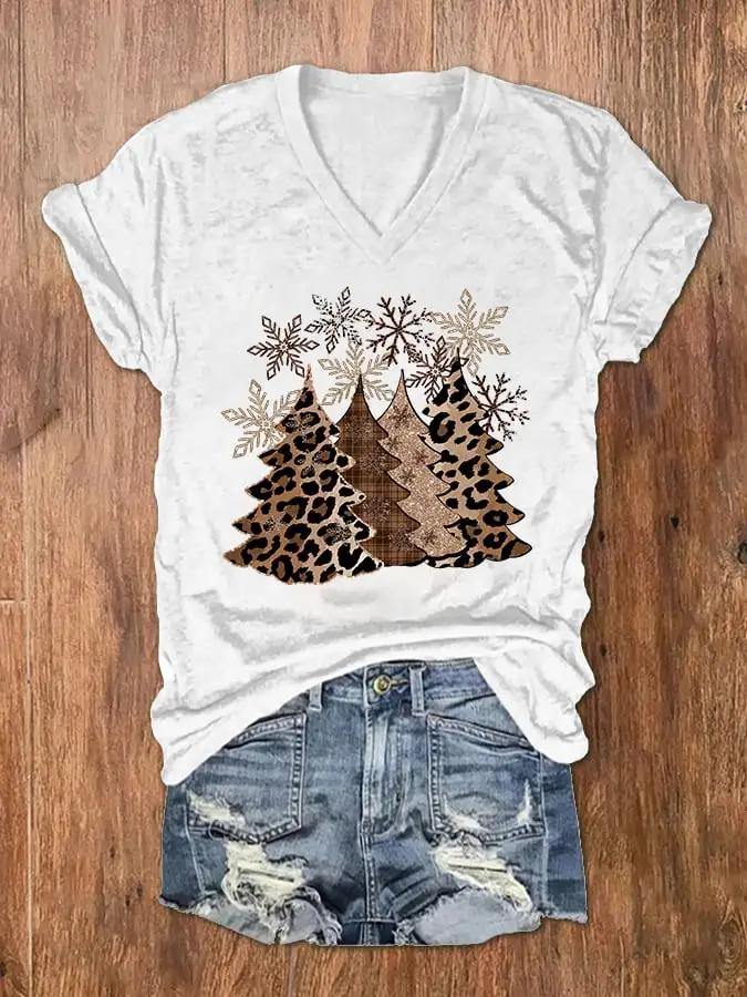 Women's Leopard   Tree Print V-Neck T-Shirt