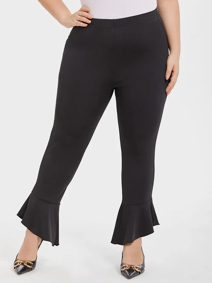 Solid Elastic Waist Flare Leg Pants