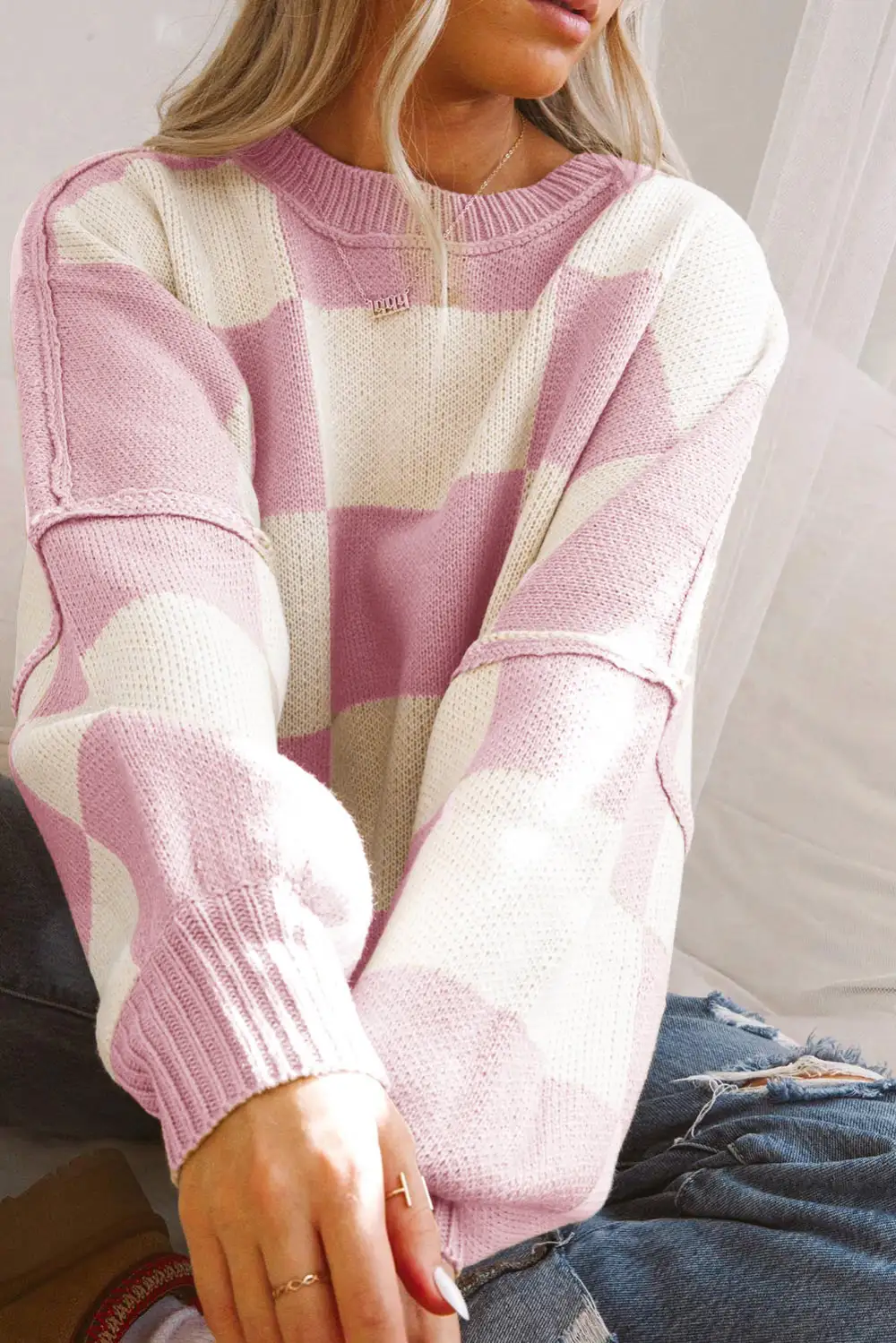 Checkered Bishop Sleeve Sweater