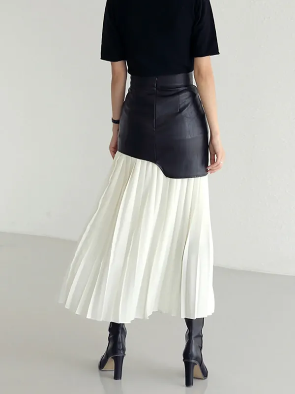 Asymmetric Patchwork Faux Leather Chiffon Pleated Midi Skirt