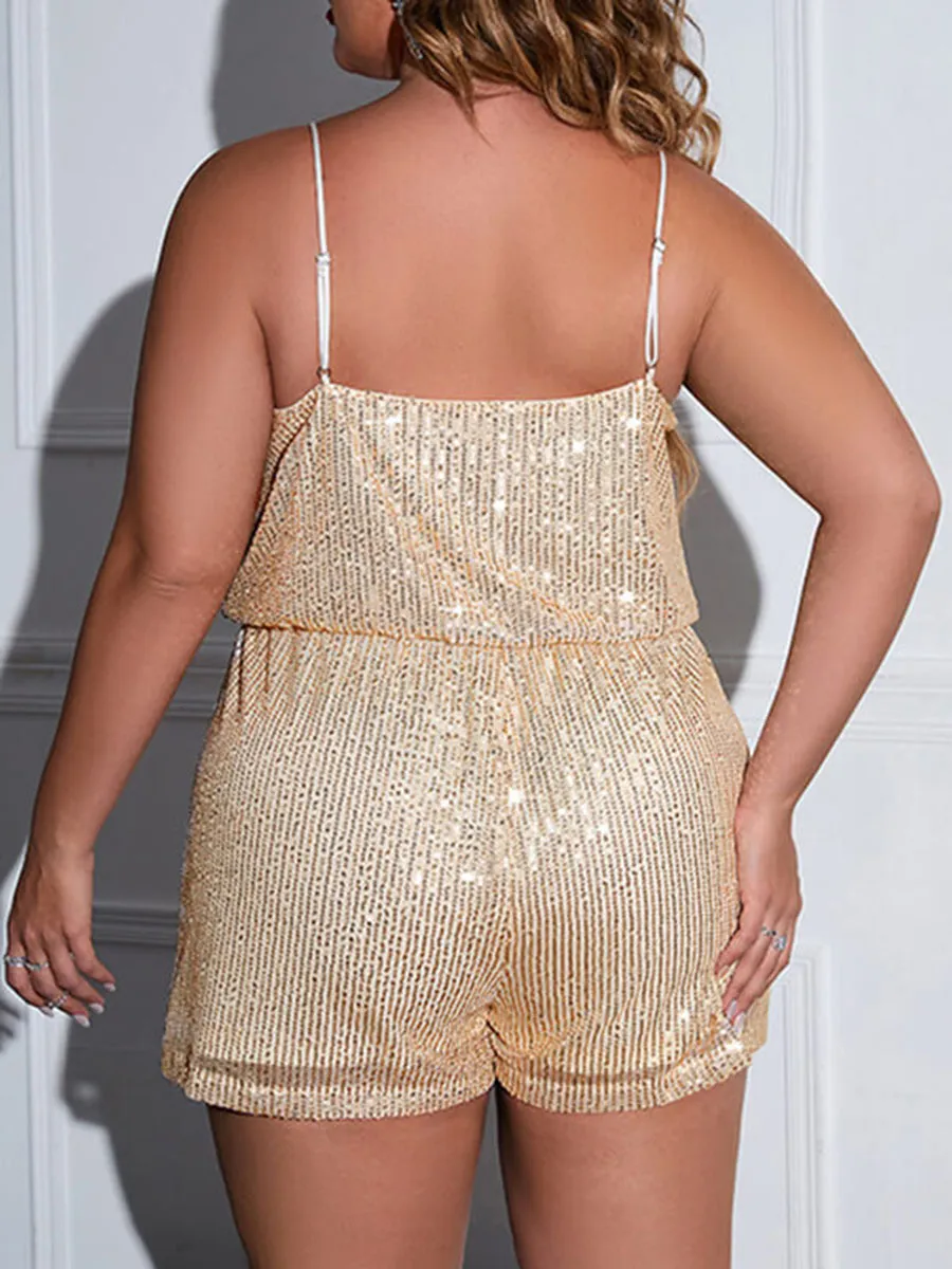 Plus Sequin V Neck Elastic Waist Rompers