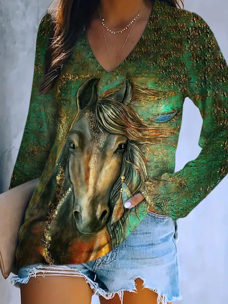 Western Horse Embossed Print Long Sleeve V-Neck T-Shirt