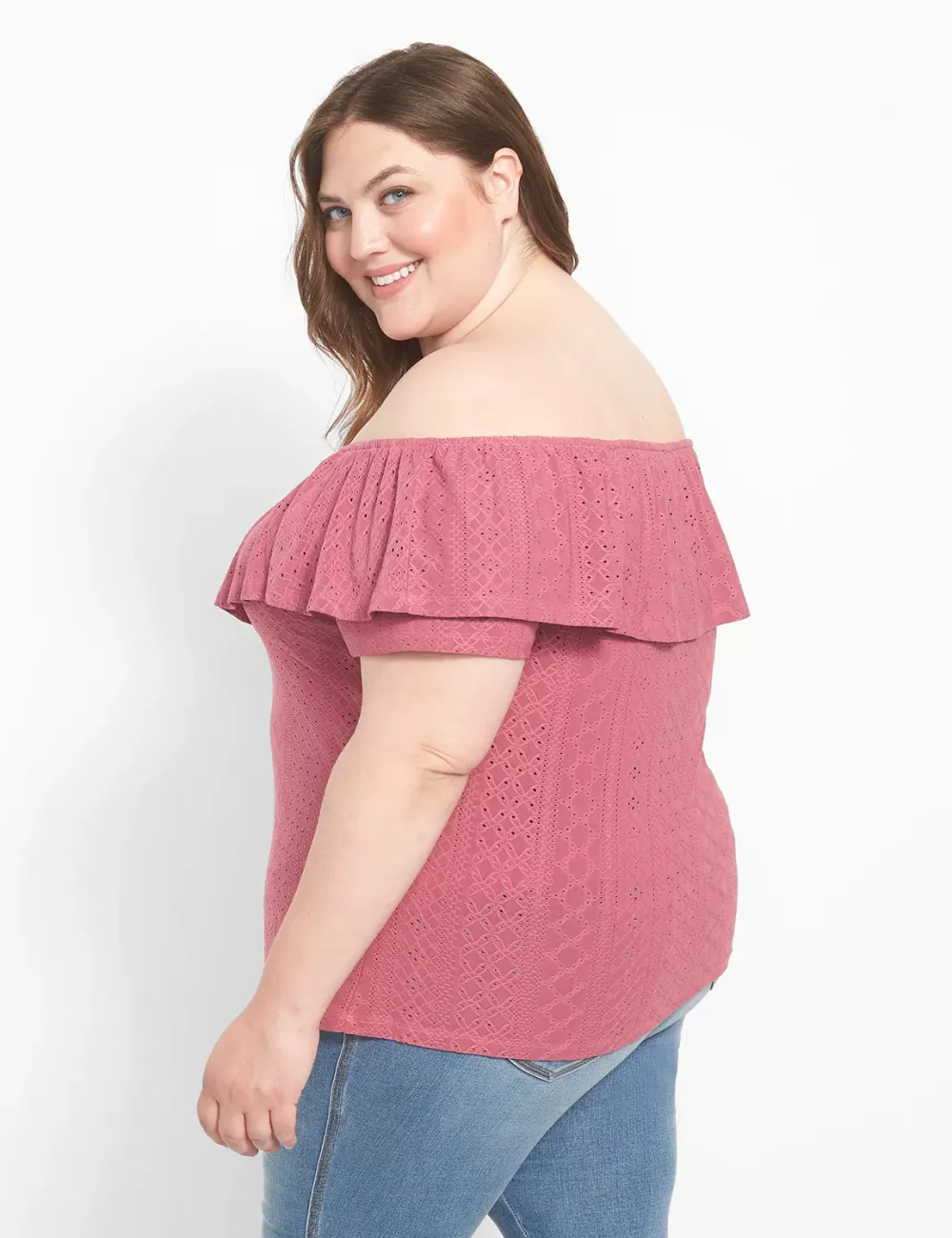 Classic Ruffle Off-The-Shoulder Eyelet Knit Top