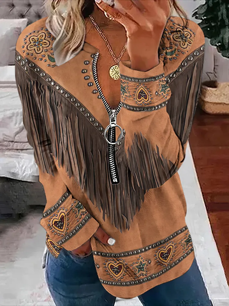 Western Tribal Tassel Printed Zip Up Sweatshirt