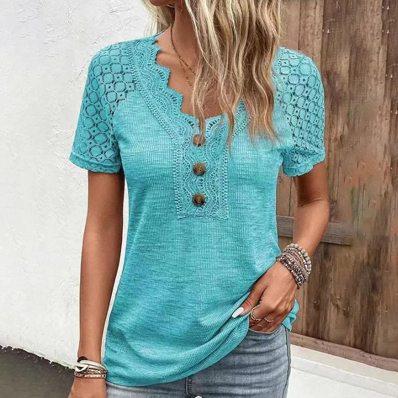 Solid Lace Patchwork V-Neck Casual Short Sleeved T-Shirt