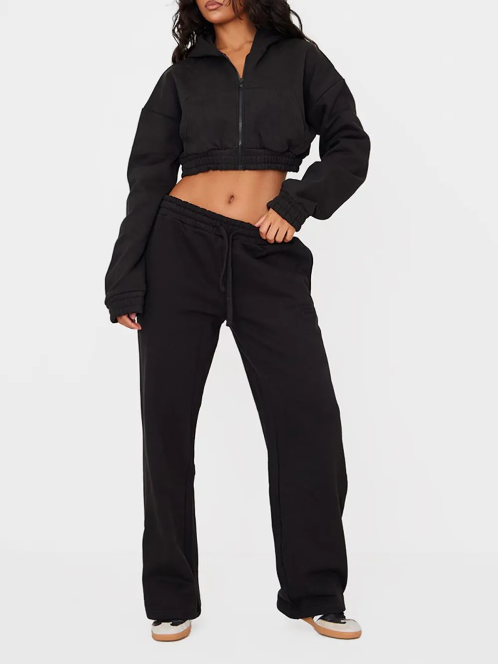 Black Premium Cropped Waistband Detail Hoodie