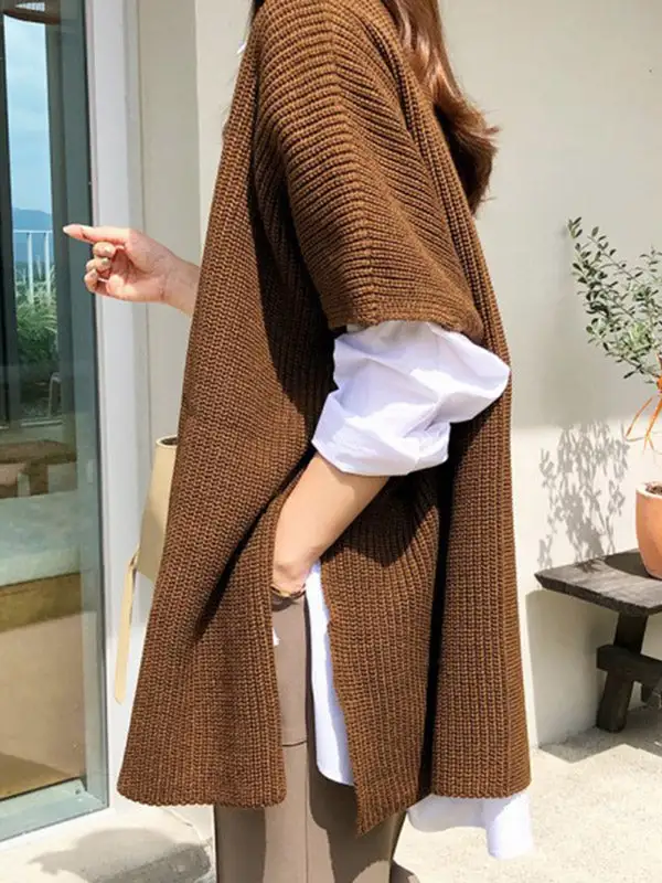 Casual Solid Color Round-Neck Half Sleeves Knitted Sweater Cape Top