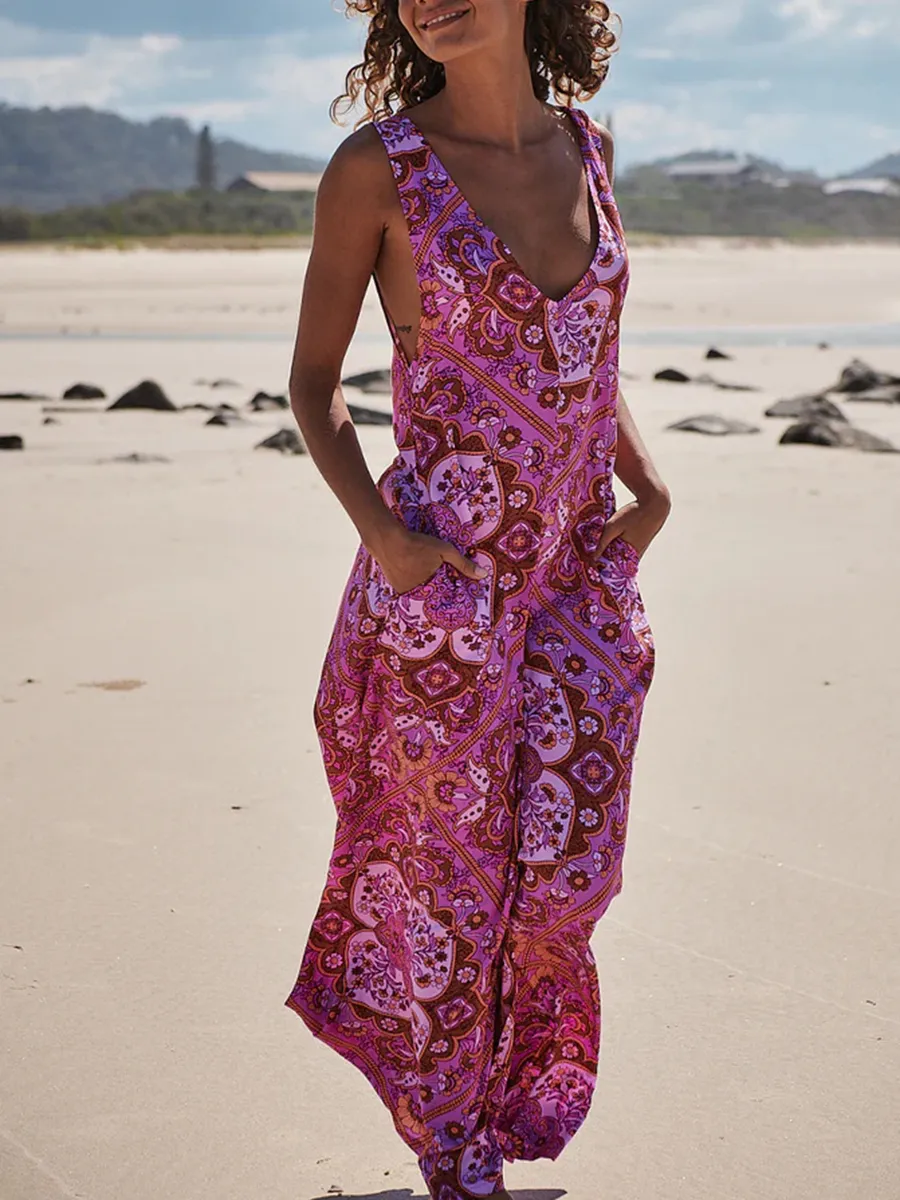 Red floral camisole jumpsuit