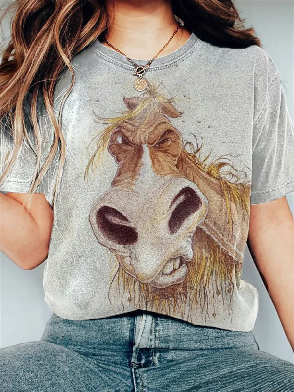 Funny Horse Print Casual Cozy Vintage T-Shirt