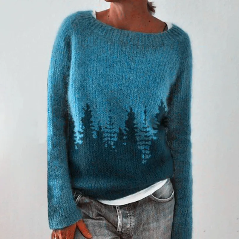 Crew Neck Colorblock Forest Loose Sweater