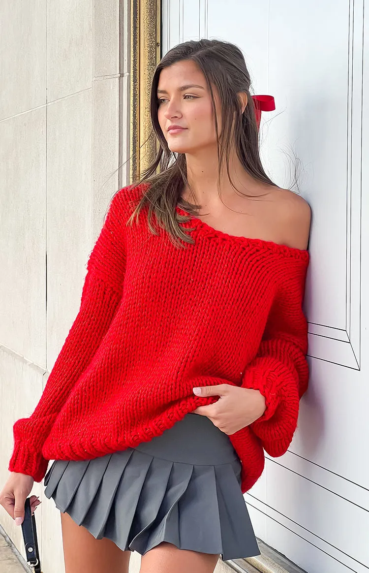 Delvey Red Chunky Knit Sweater