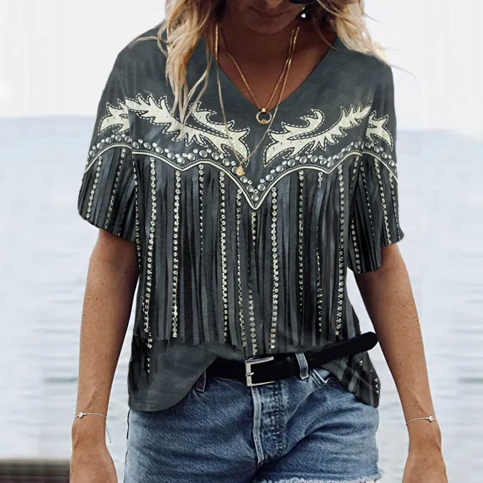 Western Fringe Print V-Neck Short Sleeved T-Shirt