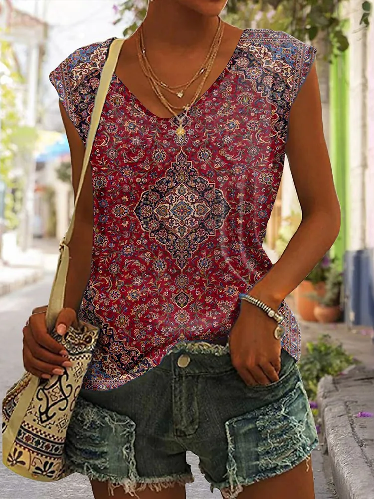 Vintage Print V Neck Tank Top