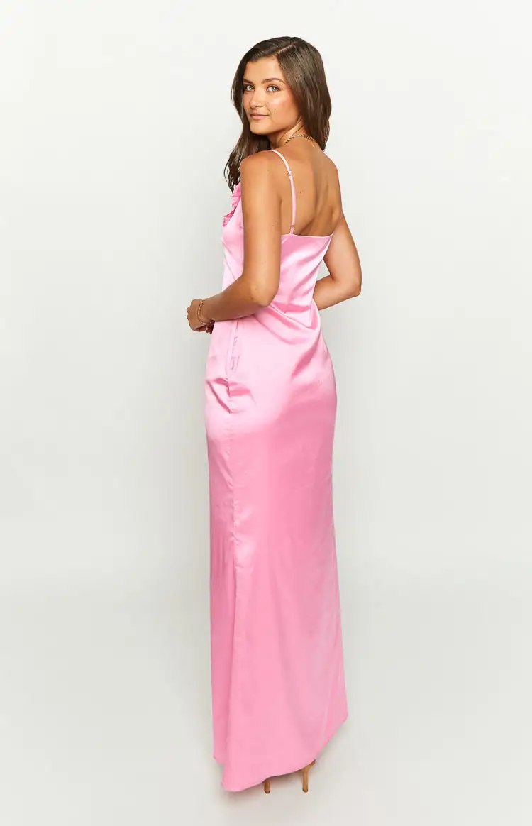 Nahanee Pink Satin Ruffle Maxi Dress