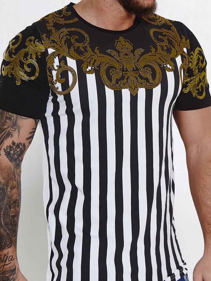 Men's casual striped patchwork pattern short sleeved T-shirt