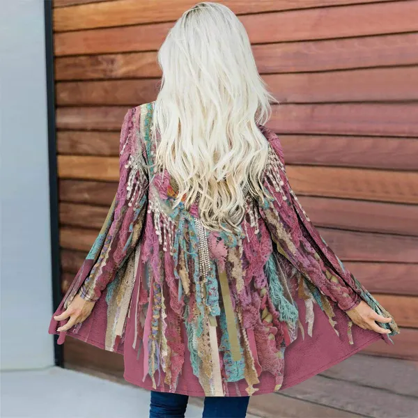 Western Fringed Print Long Sleeve Casual Cardigan