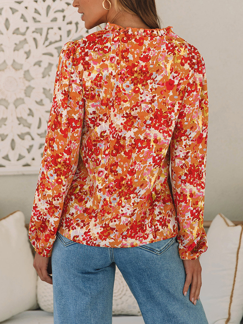 FLORAL V-NECK WOOD EAR HEM CASUAL SHIRT