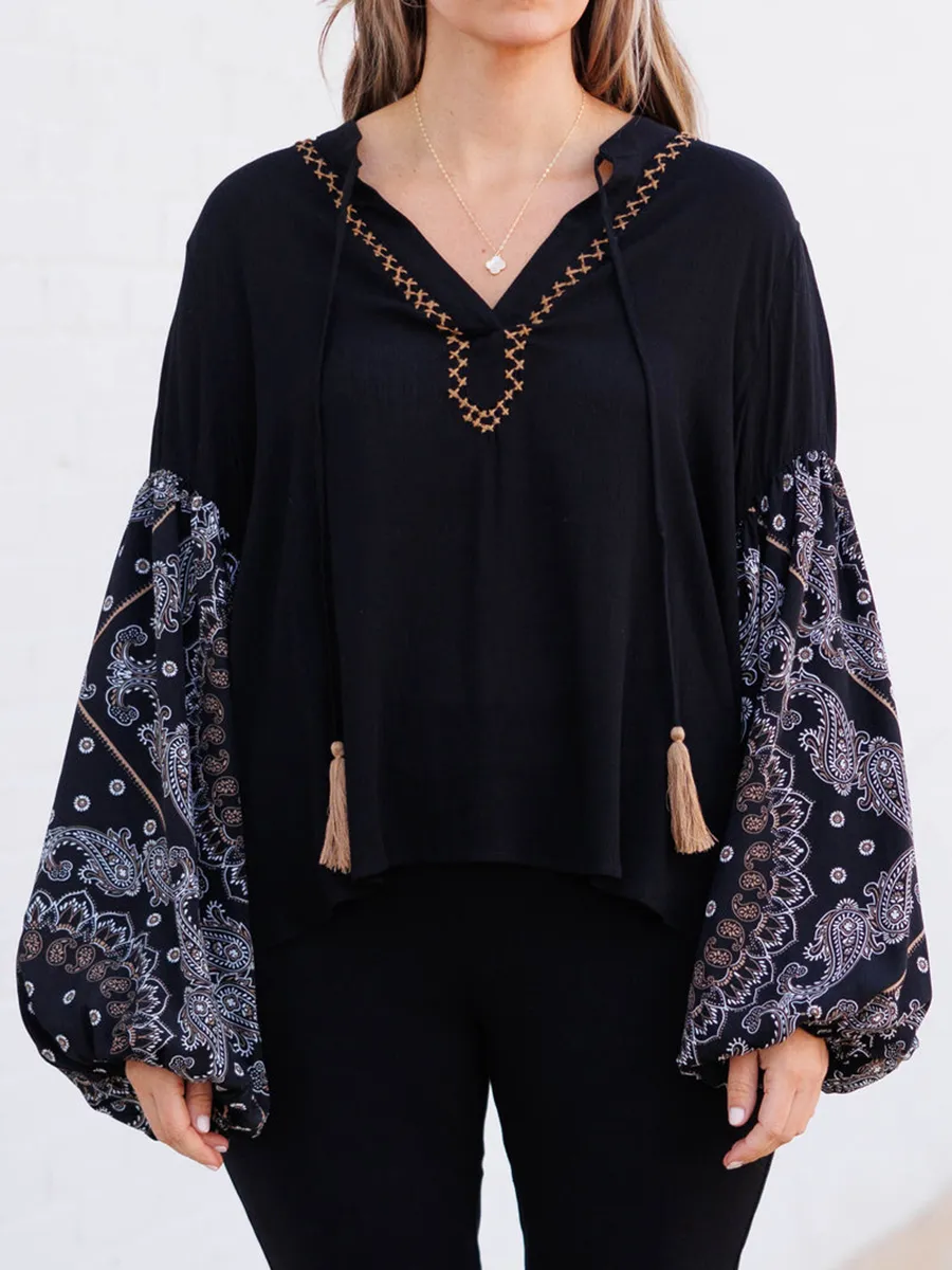 Embroidered lace up lantern sleeve shirt with patchwork cashew pattern