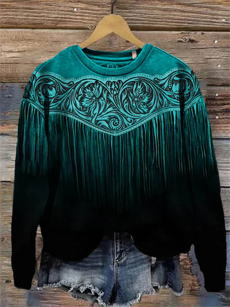 Western Floral Leather Art Gradient Sweatshirt