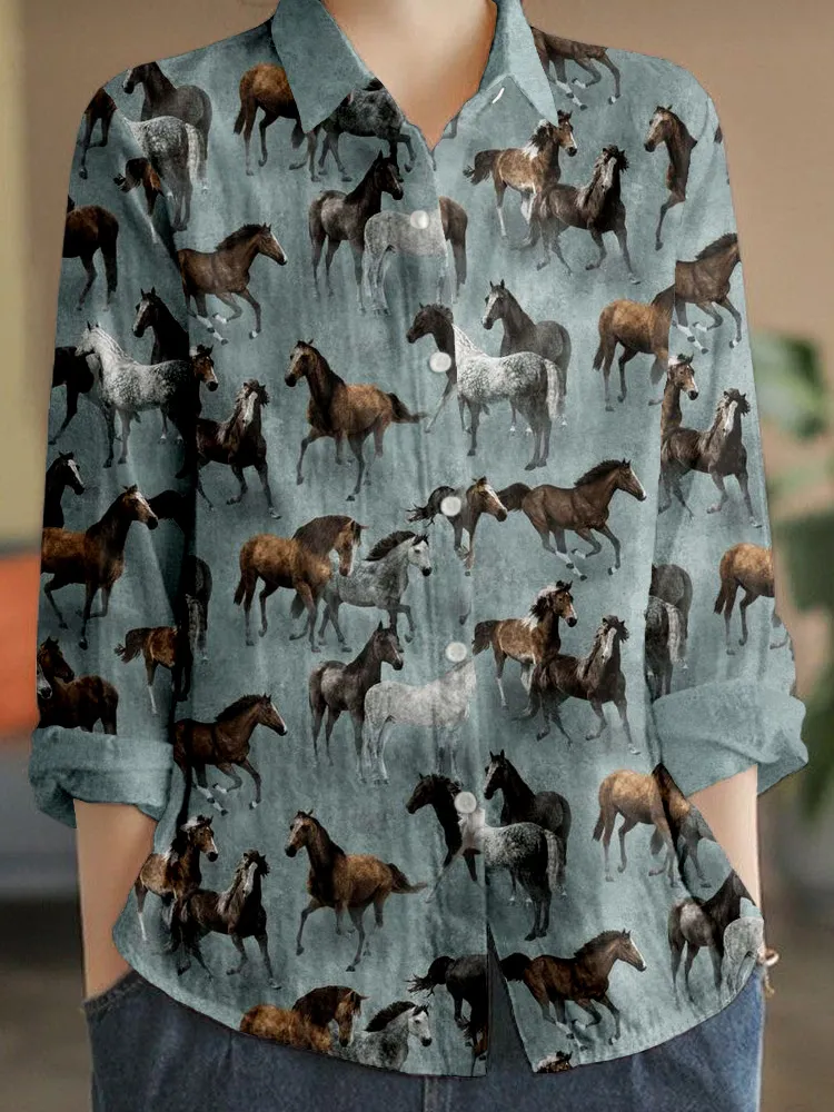 Western Wild Horses Pattern Linen Blend Cozy Shirt