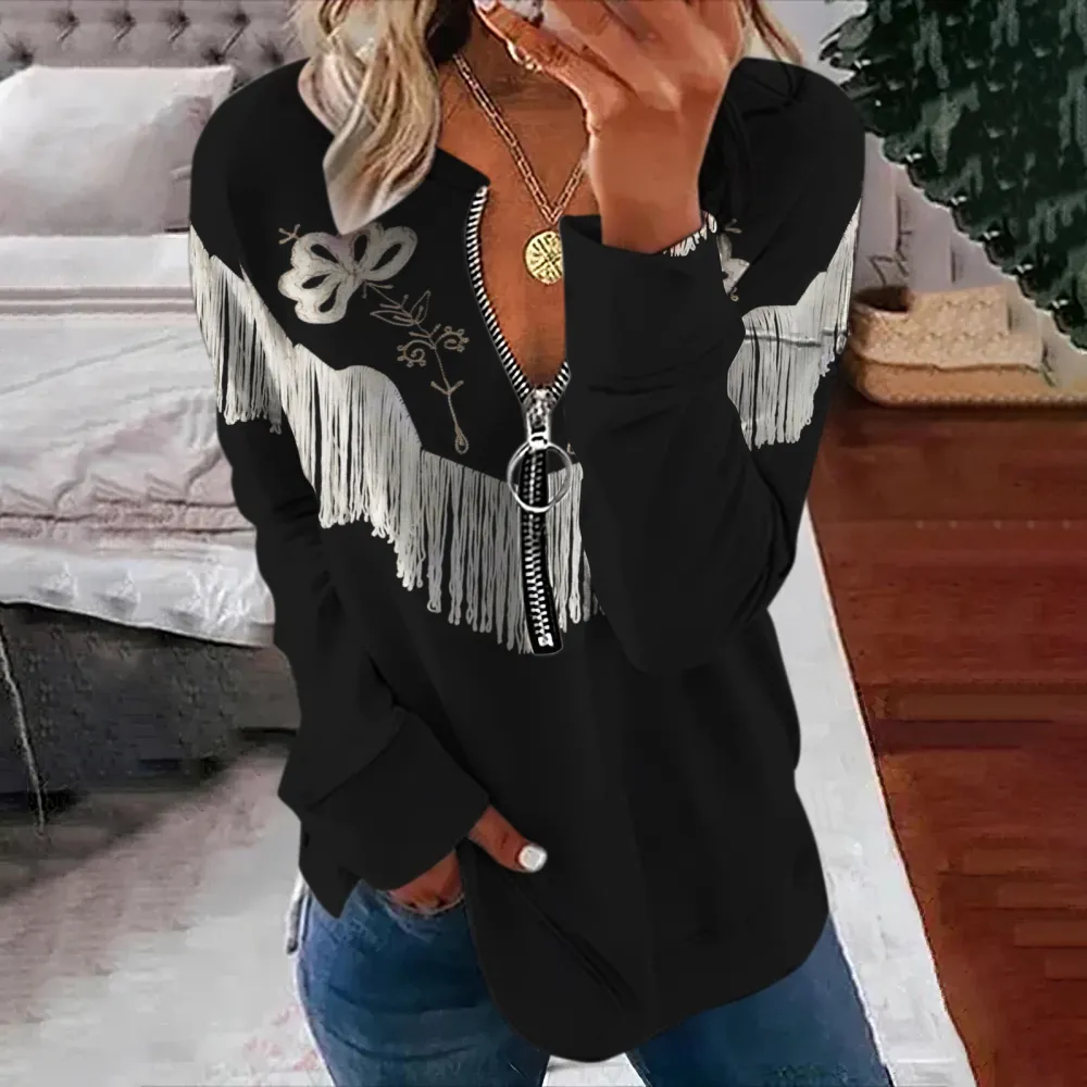 Western Fringed Print V-Neck Long Sleeved Sweatshirt