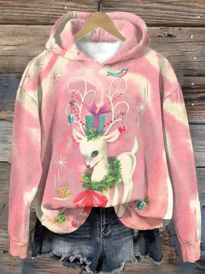 Women's Retro Pink Reindeer Print  Long Sleeve Hoodie