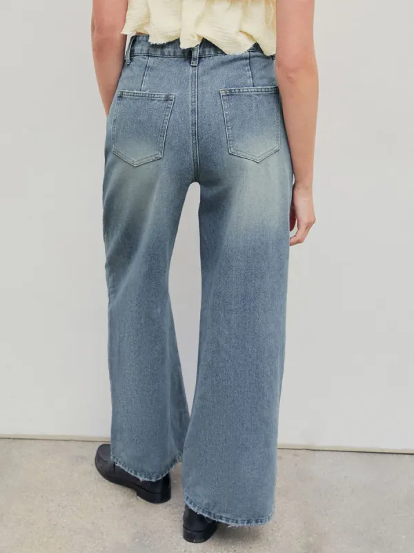 Denim Pleated Straight Leg Jeans