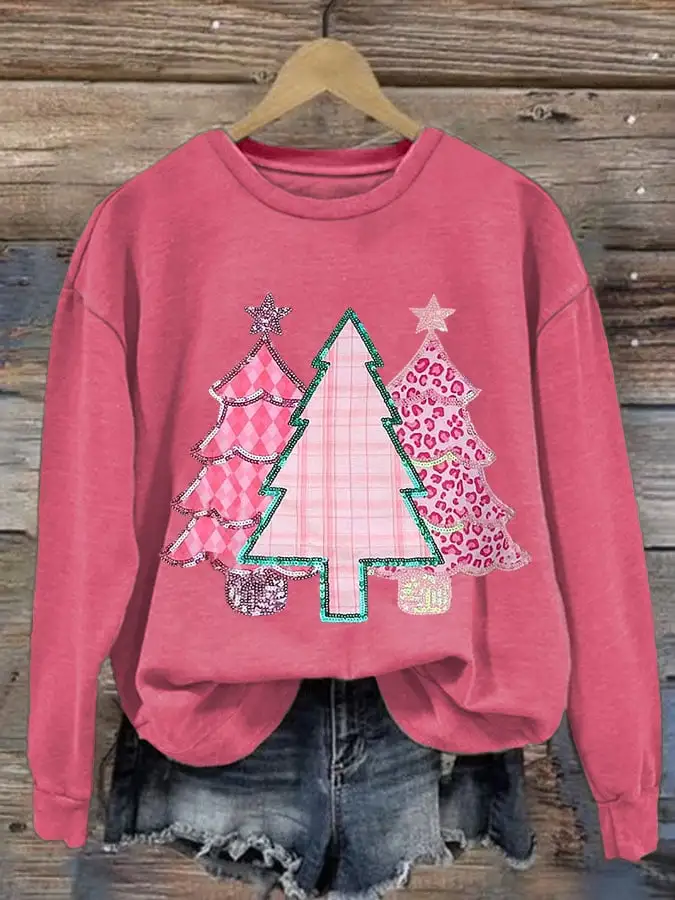 Women's Christmas Tree Print Round Neck Sweatshirt