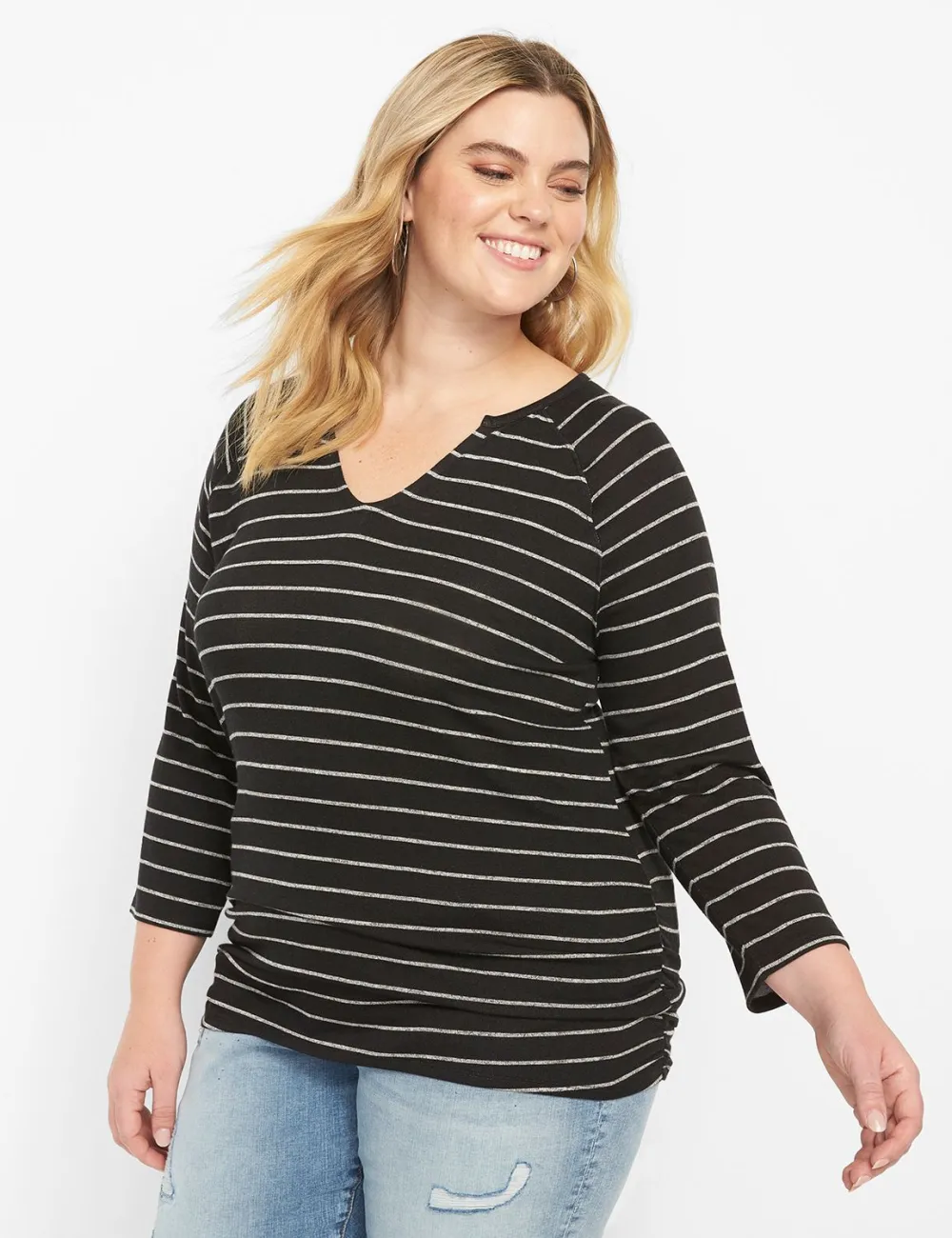 Classic 3/4-Sleeve Notch-Neck Ruched-Side Tee