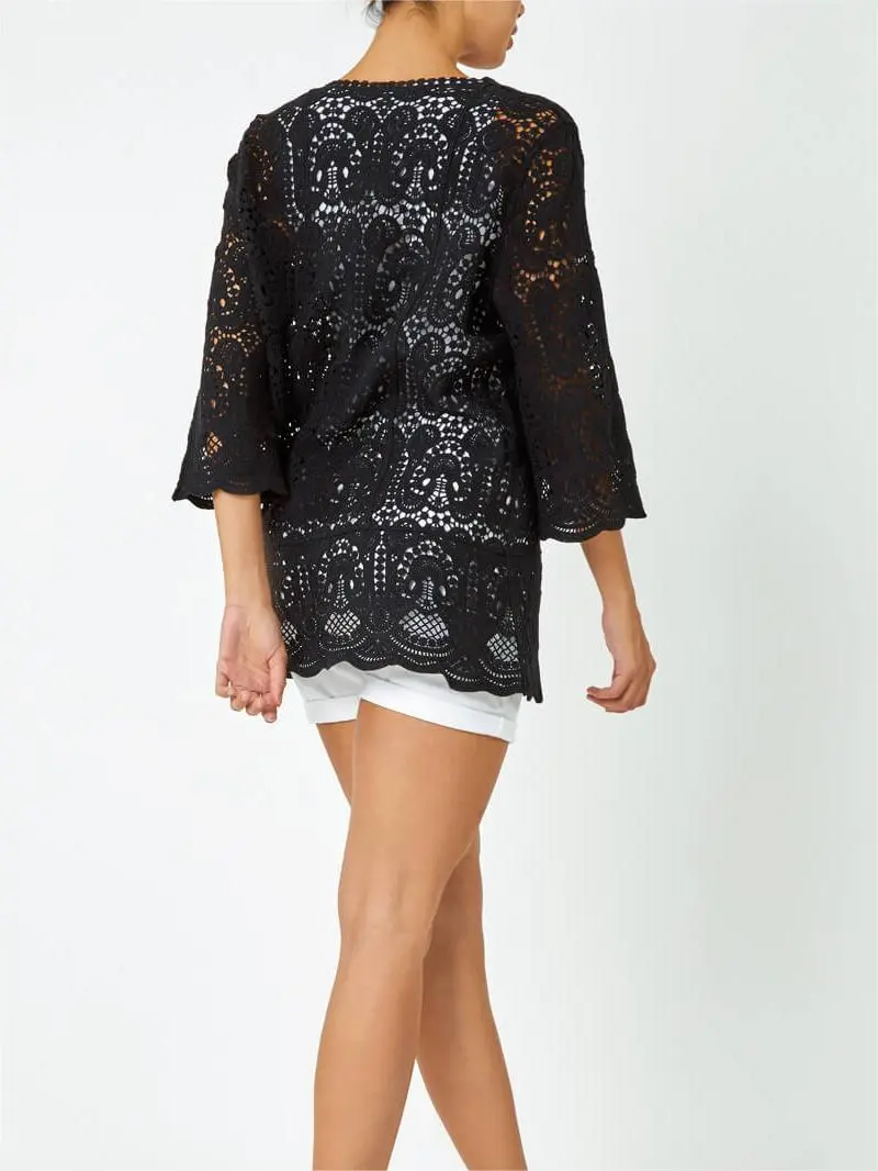 Black Cotton Crochet Tunic Top